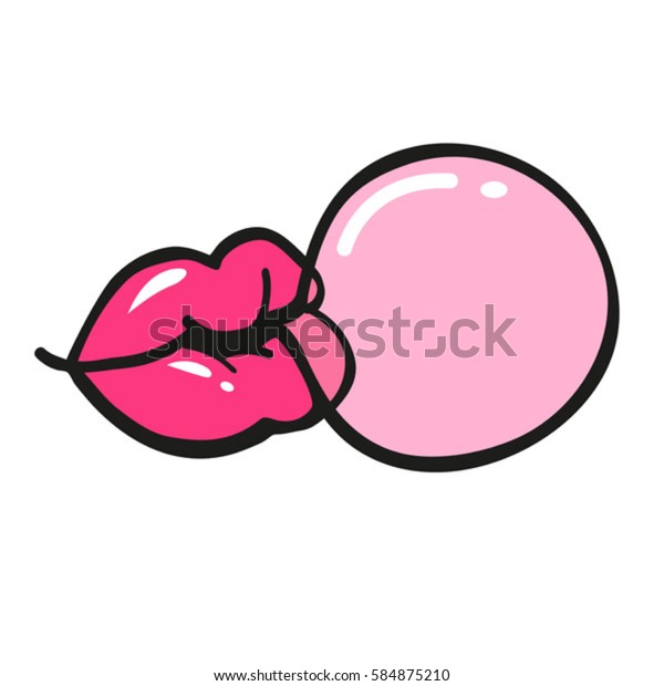 vector cartoon\
of lips blowing pinky bubble\
gum
