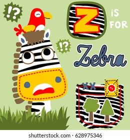 vector cartoon of little bird resting on zebra's head