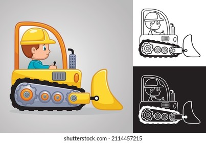 Vector cartoon of little boy driving bulldozer