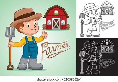 Vector cartoon of little boy farmer holding farming fork with red barn