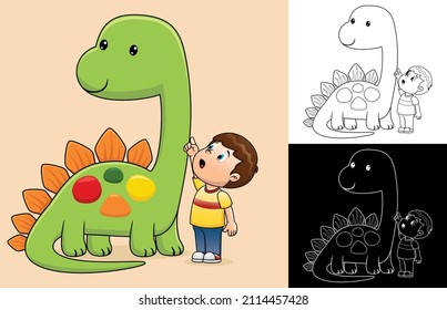 Vector cartoon of little boy with giant dinosaur