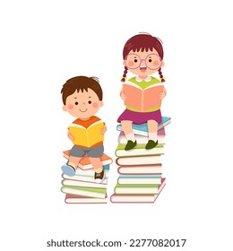 Vector cartoon little boy and little girl wearing glasses sitting on piles of books and reading