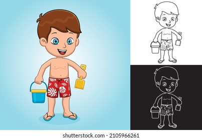 Caricatura de un niño que sostiene un balde y una pala