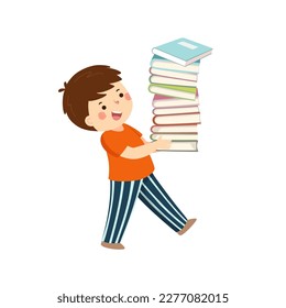 Vector cartoon little boy holding pile of books