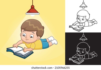 Vector cartoon of little boy lying down floor while reading book under the light