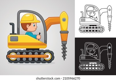 Vector cartoon of little boy on drilling machine vehicle