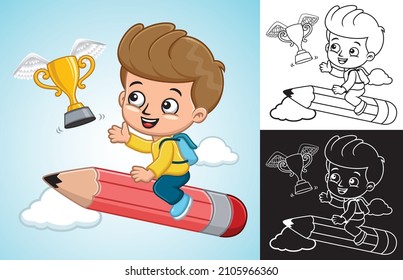 Vector cartoon of little boy on flying big pencil chasing golden trophy