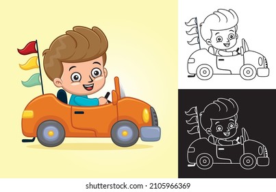 Vector cartoon of little boy on car carrying flags