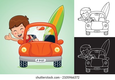 Vector cartoon of little boy on car with surfboard