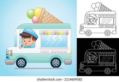 Vector cartoon of little boy on ice cream truck