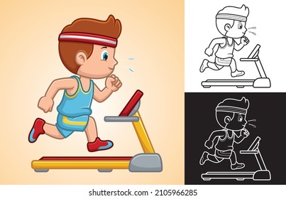 Vector cartoon of little boy running on treadmill