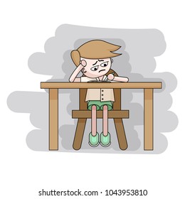 Vector Cartoon little boy sit on chair and make home work with Annoyed face. School boy study