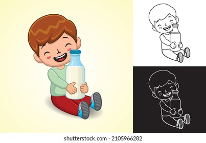 Vector cartoon of little boy sitting on floor while hug big milk bottle