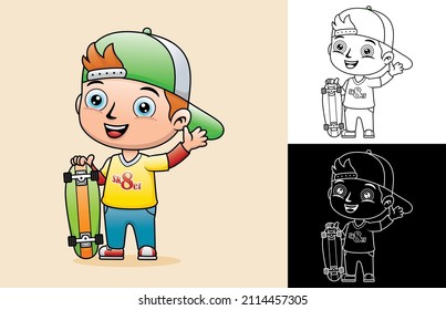 Vector cartoon of little boy standing with skateboard