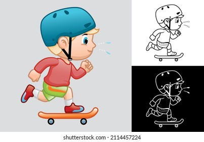 Vector cartoon of little boy wearing helmet playing skateboard