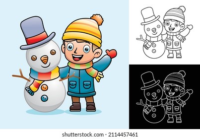 Vector cartoon little boy in winter coat standing and funny snowman