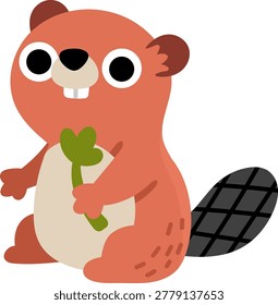 Vector cartoon little brown beaver nibbling wood log isolated on white background. Funny animalistic clipart. Cute forest animal child icon for kids. Flat woodland element. Woods wildlife illustration
