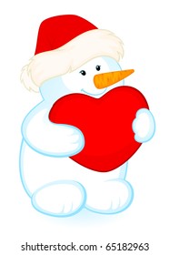 Vector cartoon little cute snowman with heart