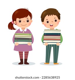 Vector cartoon of little girl and boy holding stack of books