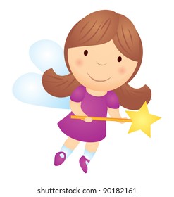 vector cartoon little girl fairy with magic wand isolated on white illustration