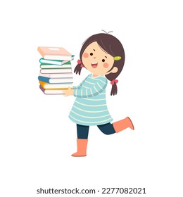 Vector cartoon little girl holding pile of books