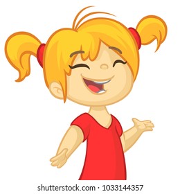 Vector cartoon little girl presenting. Illustration of little girl with blond hair