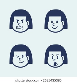 Vector cartoon of a little girl with straight hair showing 4 emotions: happy, cheerful, talking, and sad. Perfect for education, UI emoji packs, or emotional learning content