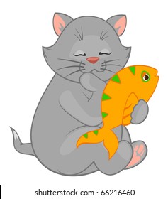 Vector cartoon little kitten with fish