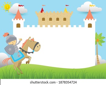 Vector cartoon of cartoon little knight riding horse, fairytale elements with banner