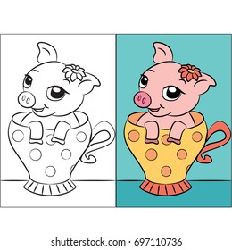 vector cartoon of little pig in tea cup, coloring book or page