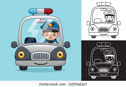 Caricatura de un pequeño policía en un coche patrulla