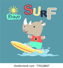 vector cartoon of little rhino in surfing
