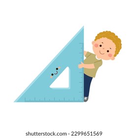 Vector cartoon little student boy with big triangle ruler. Back to school concept