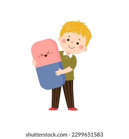 Vector cartoon little student boy with big eraser. Back to school concept