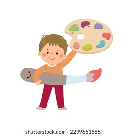 Vector cartoon little student boy with paint brush and paint palette. Back to school concept