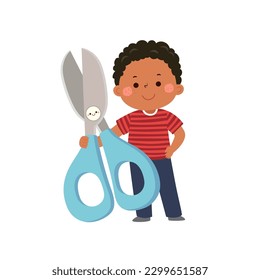 Vector cartoon little student boy with big scissors. Back to school concept