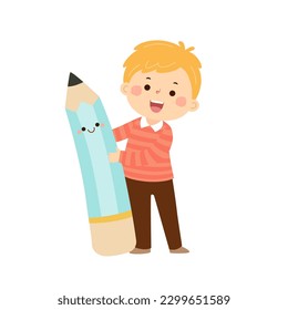 Vector cartoon little student boy with big pencil. Back to school concept