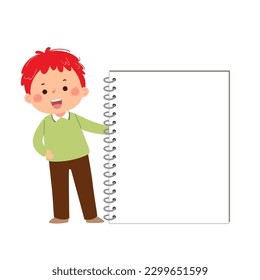 Vector cartoon little student boy with big notebook. Back to school concept