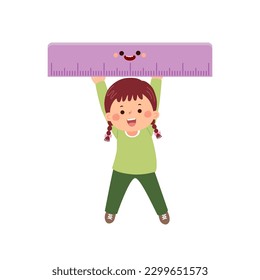 Vector cartoon little student girl carrying big ruler. Back to school concept