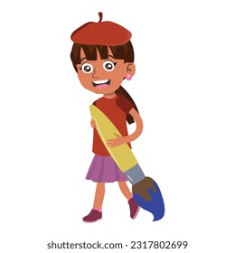 Vector cartoon little student girl holding big paintbrush. Back to school concept.
