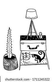 vector cartoon little table with cat, two cacti and table lamp