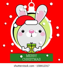 Vector cartoon little toy bunny in the suit of Santa Claus with gift 