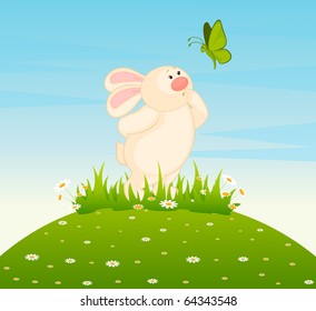 Vector cartoon little toy bunny with butterfly