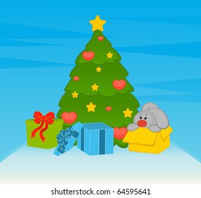 Vector cartoon little toy bunny with fir-tree and gifts