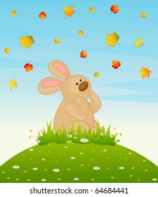 Vector cartoon little toy bunny with autumnal leaves