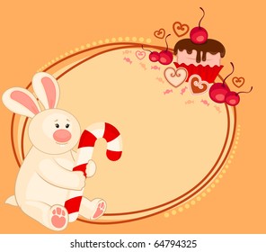 Vector cartoon little toy bunny with sweet cupcake