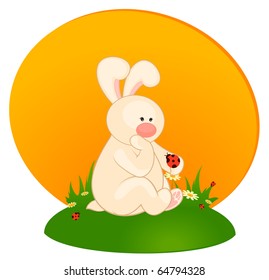 Vector cartoon little toy bunny with ladybird