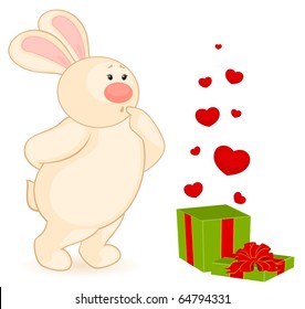 Vector cartoon little toy bunny with gift