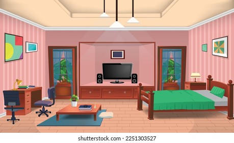 Vector cartoon living room interior with big windows, bed, chair, tv, table and houseplants.