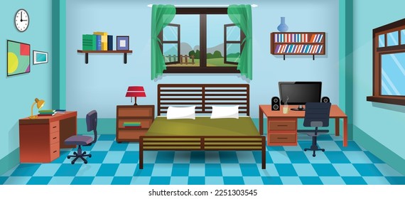 Vector cartoon living room interior with big windows, bed, chair, computer and table.